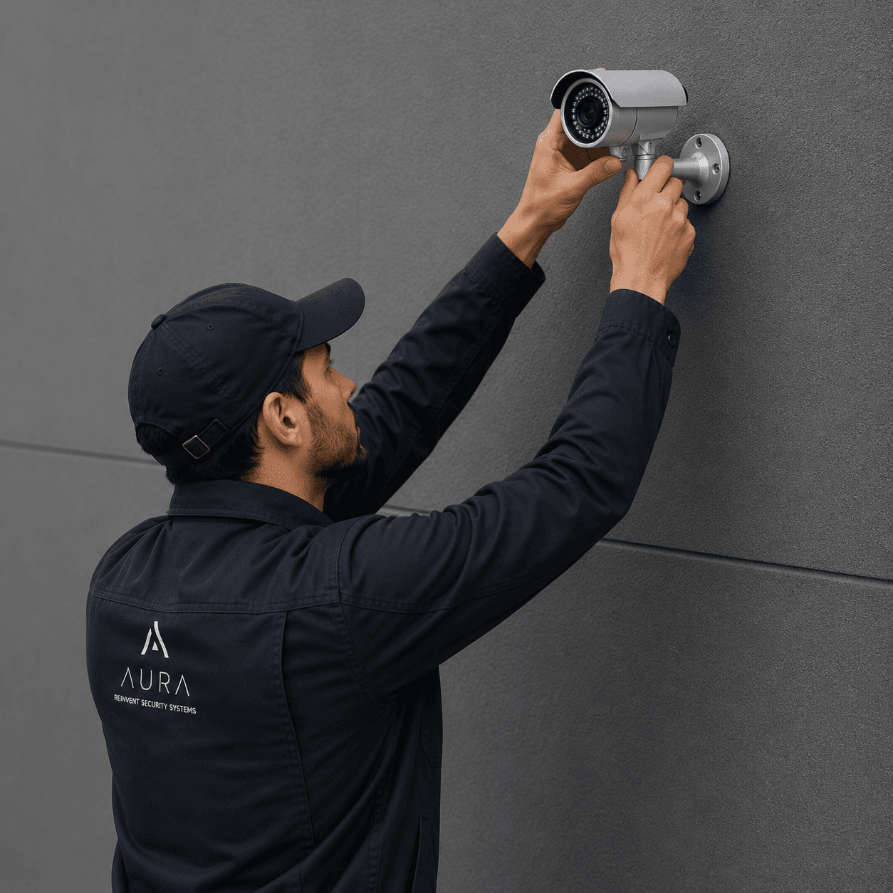 AURA technician installing a CCTV camera on an exterior wall